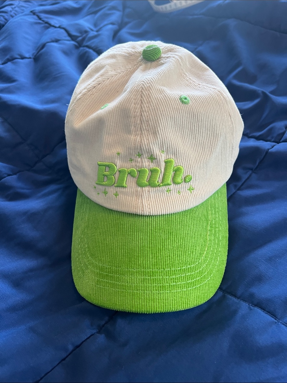 Green and Cream Corduroy Baseball Cap with 'Bruh.' Embroidery